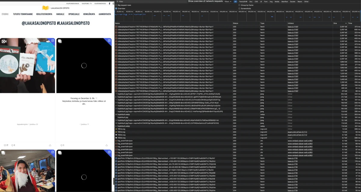 Chrome Developer Tools -näkymä Laajasalon opiston Instagram-syötteestä. Network-välilehti näyttää yli 60 HTTP-pyyntöä, joista suurin osa on Instagram-videoita (videoplayback). Kaikki pyynnöt näyttävät status 200 (onnistunut) ja videot latautuvat samanaikaisesti ilman lazy loadingia. Vasemmalla näkyy Instagram-postauksia.